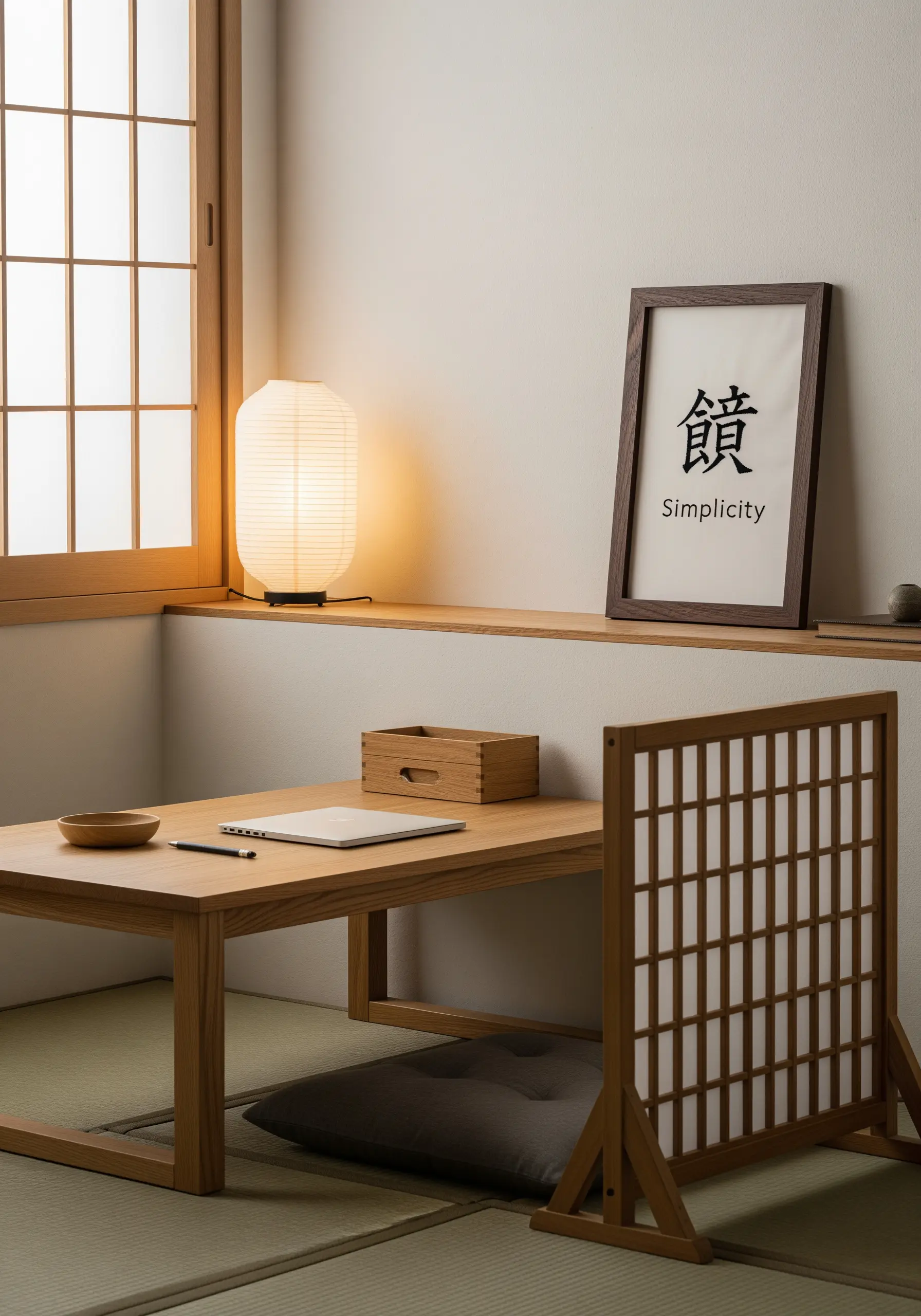 A Japanese kanji character for 'Simplicity' embroidered in black on white fabric.