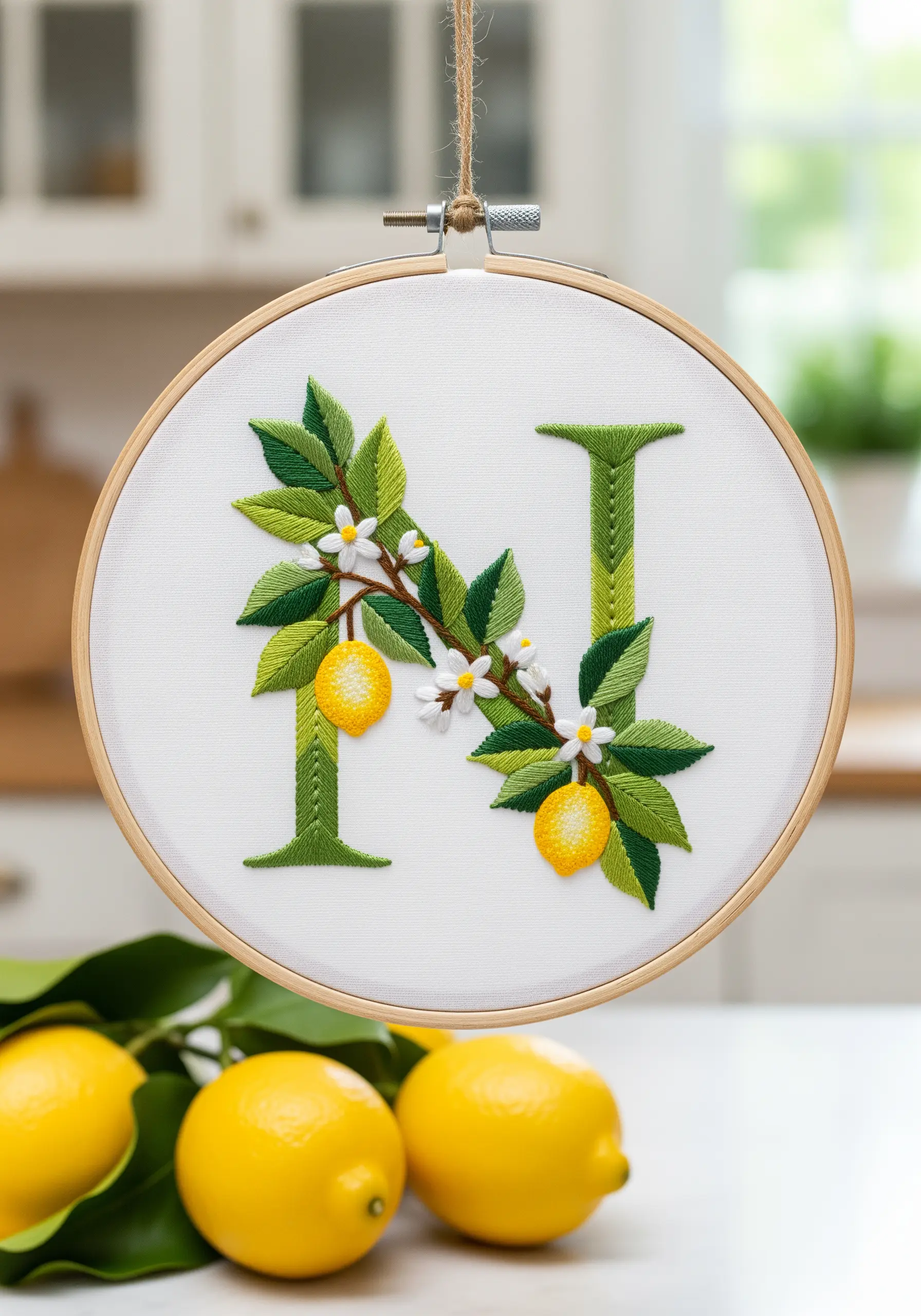 Embroidered letter N with a lemon branch, complete with leaves, blossoms, and yellow lemons.
