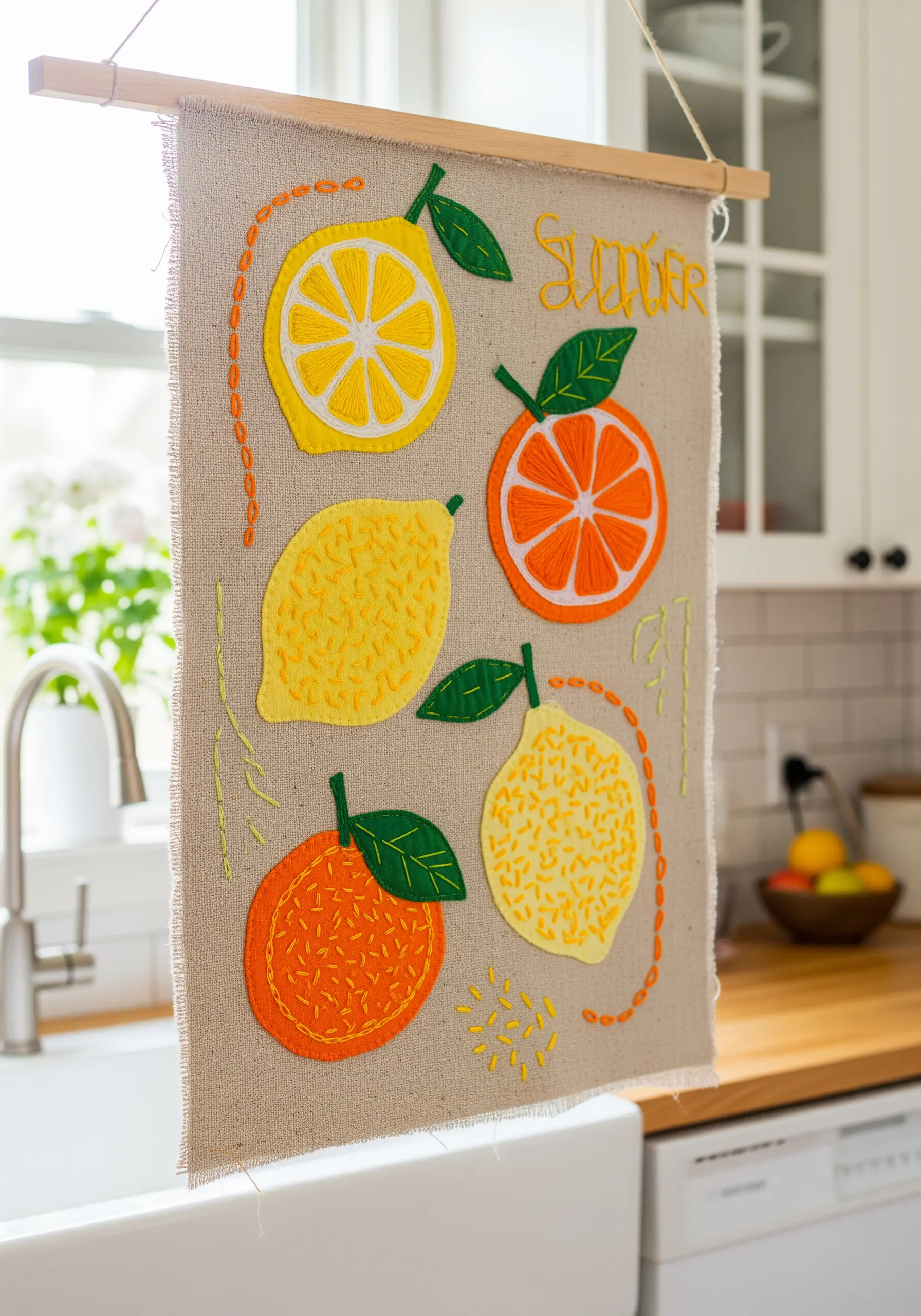 Summer citrus wall hanging with felt appliqué and simple decorative embroidery stitches.