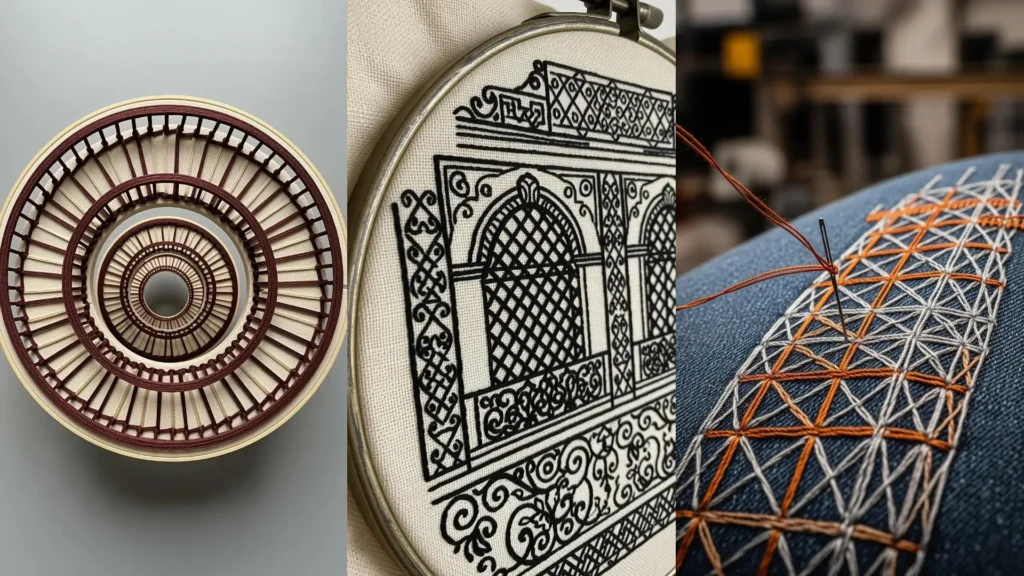 A collage shows architectural stitch ideas, including urban building patterns and bridge-like geometric embroidery.