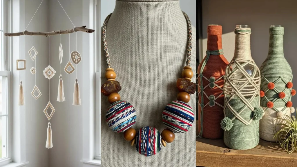 Artistic objects you can make from craft supplies: a boho wall hanging, beaded necklace, and yarn-wrapped bottles.