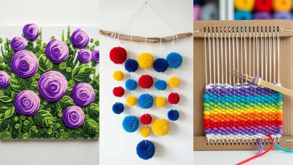 Fun yarn wall art crafts for kids, including a pom-pom hanging, woven rainbow, and embroidered flowers.