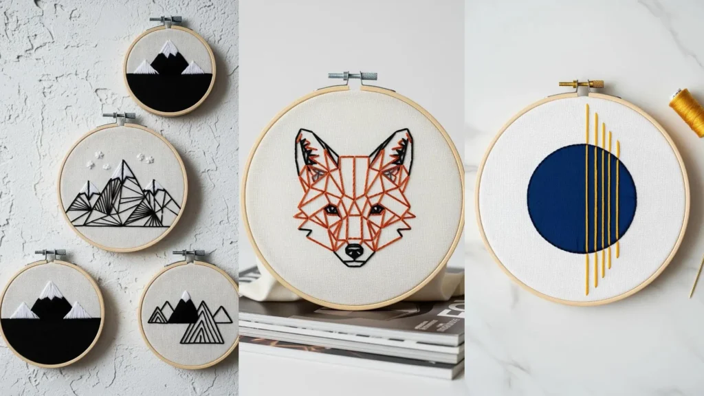 A collection of minimalist hoop art, featuring a geometric fox and modern mountains, made with only two stitches.