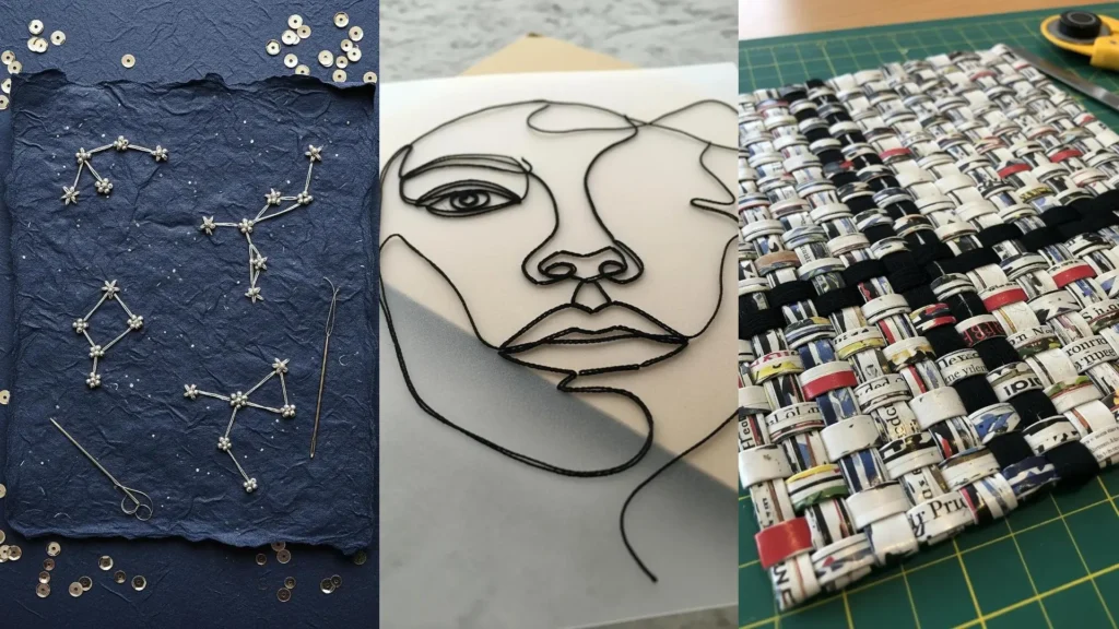 A collage of handmade paper ideas for embroidery, featuring star constellations and a portrait stitched onto paper.