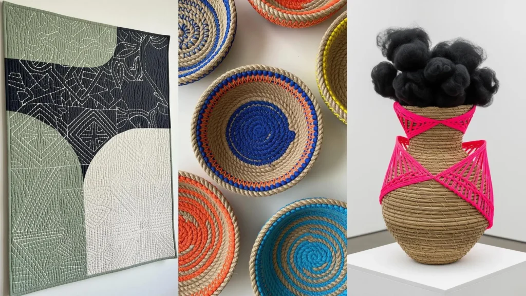 Mixed-fiber creations blending tradition and modern style, featuring a quilt, baskets, and a sculptural textile vase.