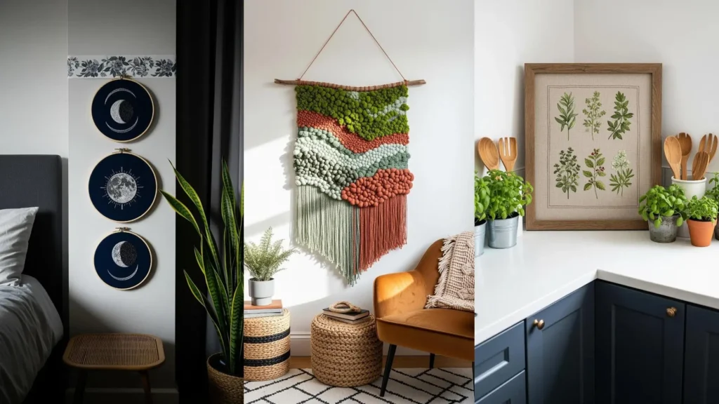 Handmade projects transforming small corners, featuring moon embroidery, a woven wall hanging, and botanical kitchen art.