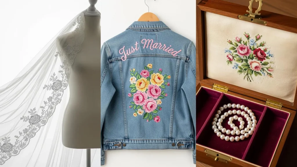 Elegant wedding gifts personalized with romantic rose embroidery patterns on a veil, denim jacket, and jewelry box.