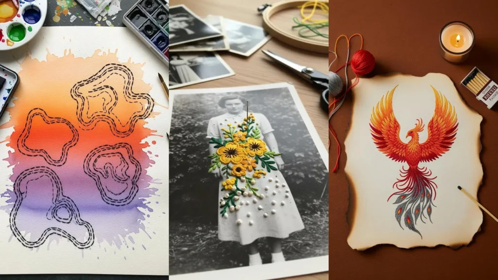 Textured embroidery patterns on paper using DIY techniques like watercolor, photo stitching, and burnt edges.