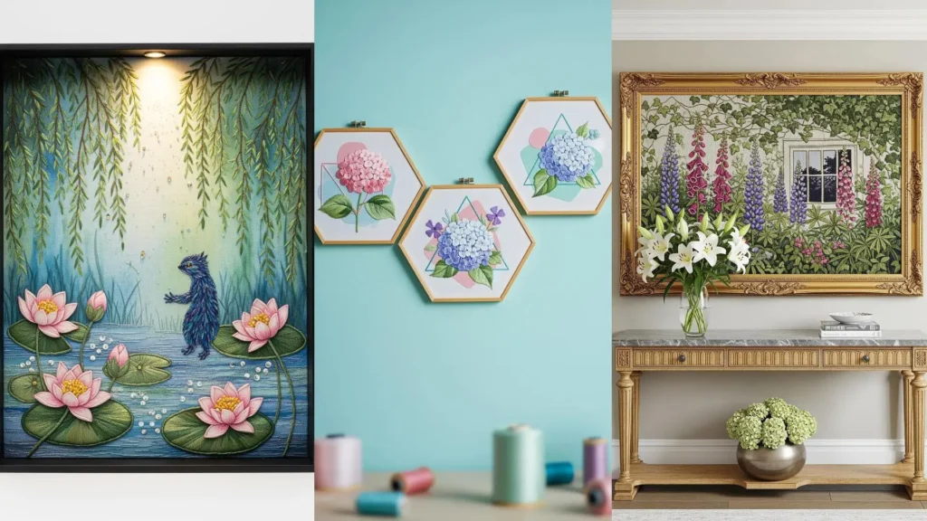 A collage of floral embroidery wall frames, from modern hoops to a classic, ornate garden scene.