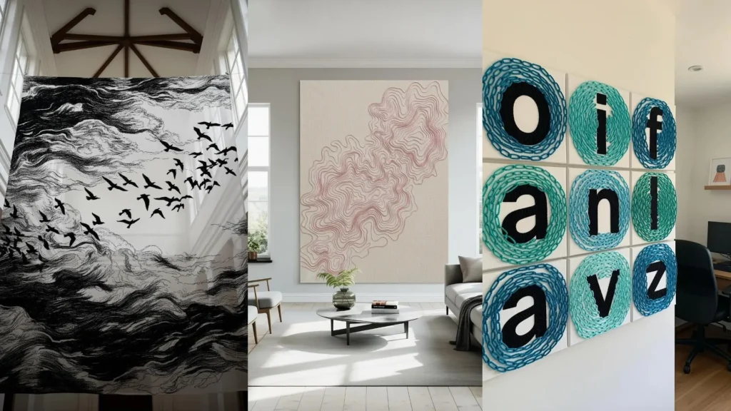 Collage of minimal color wall art, showing thread direction in a flock of birds and negative space in embroidered letters.