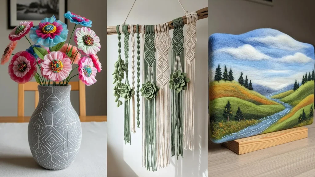 Stunning handmade sculptures to make at home: fabric flowers, a macrame wall hanging, and a felted wool landscape.