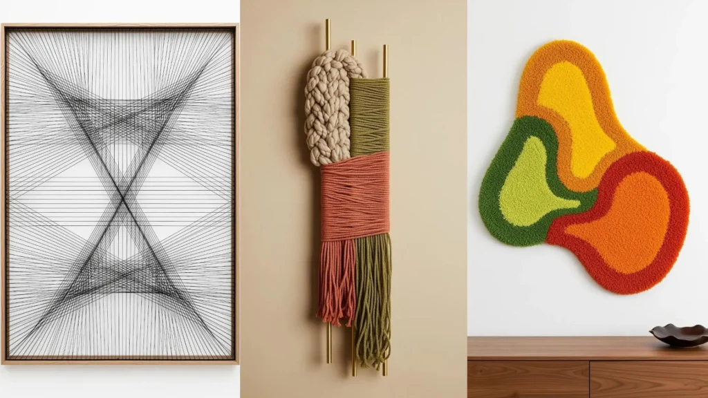 A collage of three weekend yarn wall art projects, including geometric string art and a colorful tufted piece.