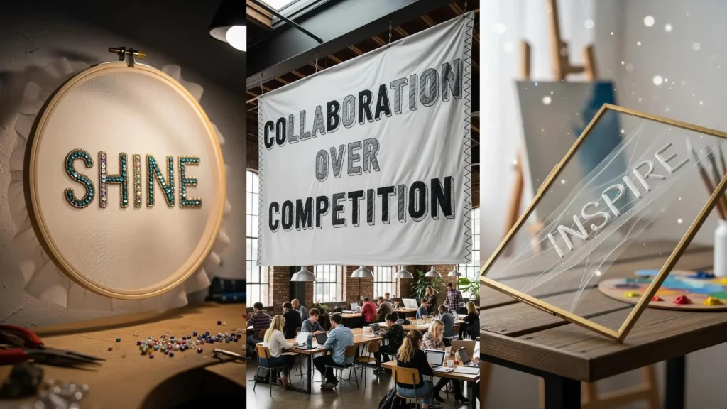 A collage of hand-stitched wall art with motivational quotes like 'Shine' and 'Inspire' for creative spaces.