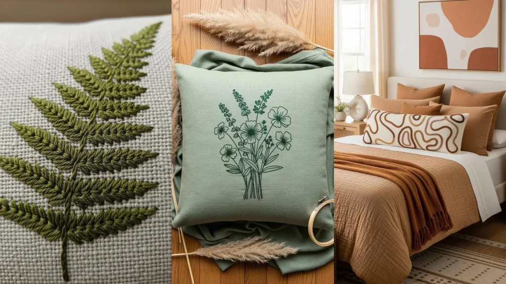 Cushion covers with embroidered nature silhouettes and line art, adding a boho touch to a bedroom space.