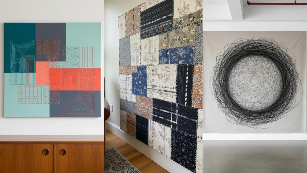 A gallery wall with large-scale modern thread art, demonstrating creative hacks for budget-friendly canvas pieces.
