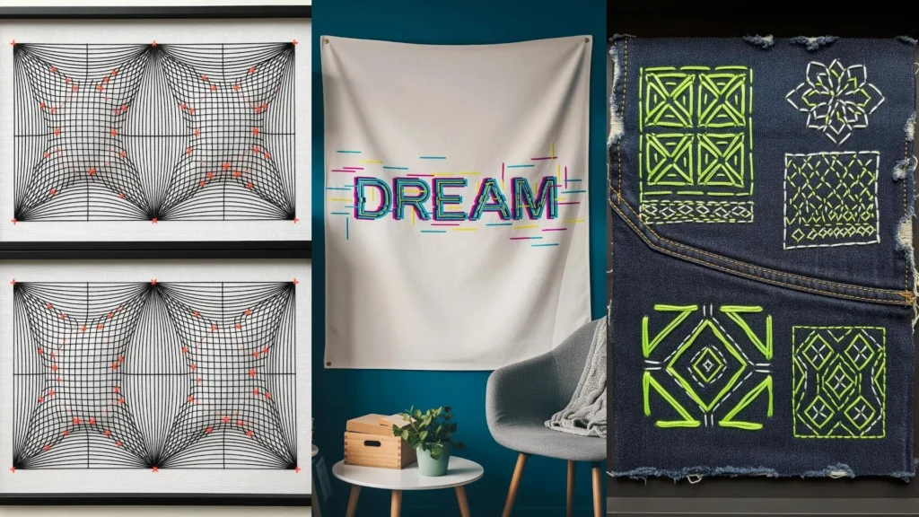 Futuristic thread art for kids' rooms, showing geometric embroidery on denim and a colorful neon 'DREAM' wall hanging.