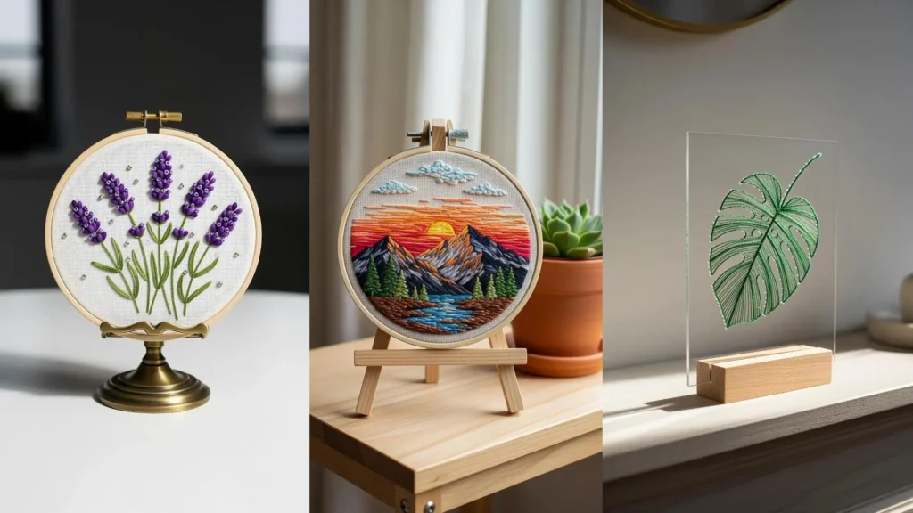Three small DIY tabletop decor ideas to brighten a room: embroidered lavender, a mountain scene, and a stitched leaf.