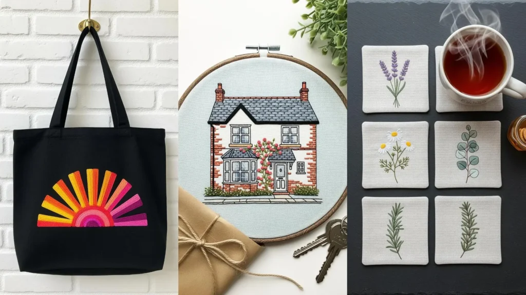 Embroidered gift ideas for any occasion: a tote bag, a house portrait, and a set of handmade botanical coasters.