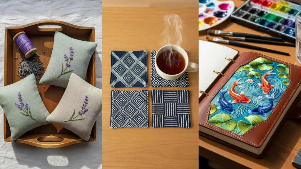 A collage of calming embroidered gifts: lavender sachets, coasters by a tea cup, and a koi pond journal.