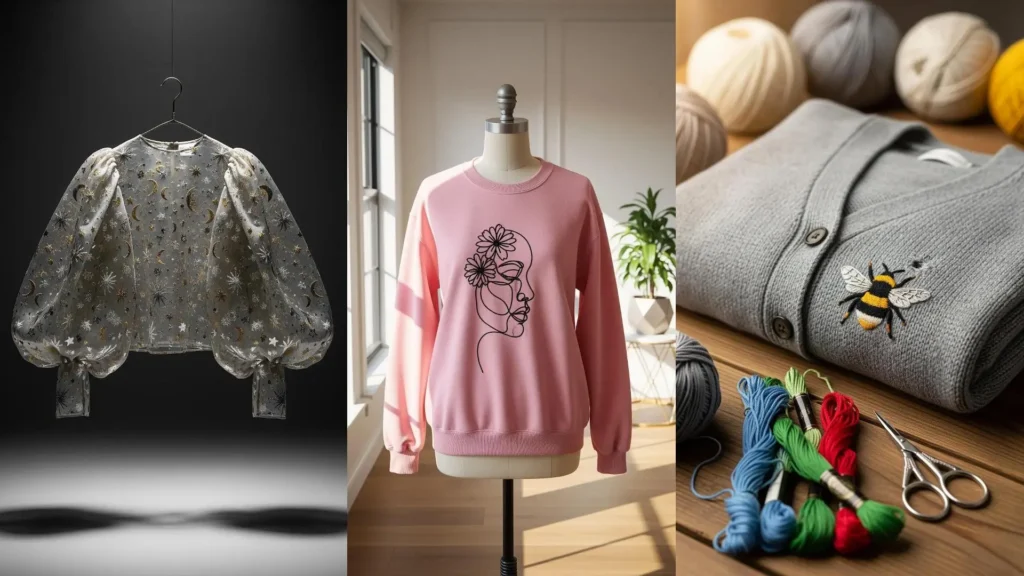 Embroidery DIYs turn old clothes into statement pieces like a celestial blouse, line-art sweater, and bee cardigan.