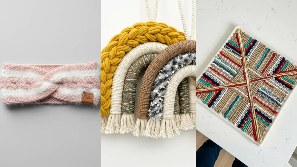 Mixed-fiber creations that make a perfect handmade gift: a knitted headband, a rainbow, and woven wall decor.