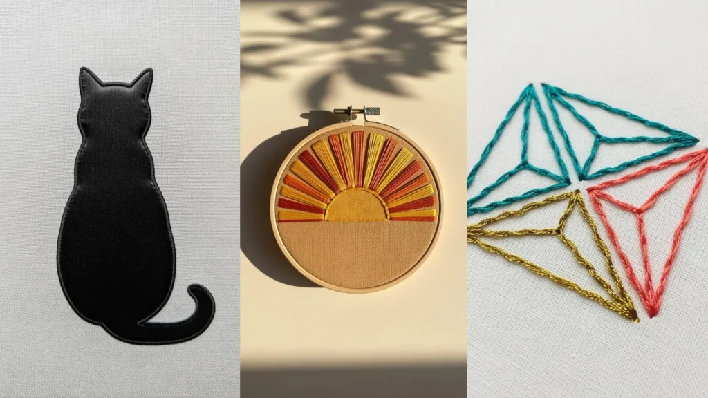 A collage of quick embroidery projects perfect for relaxing evenings, showing a cat, a sunset, and geometric art.