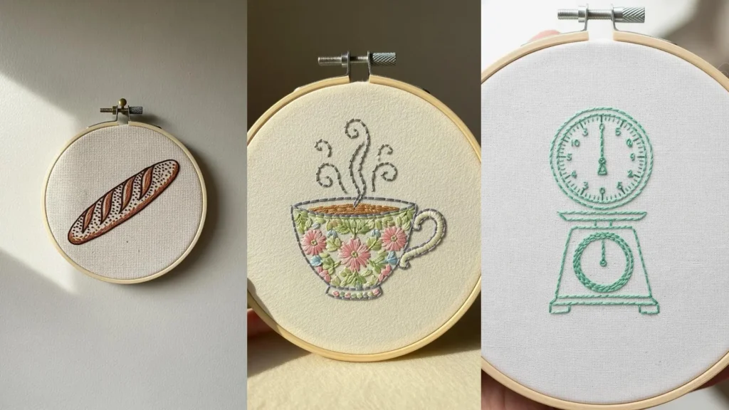 Small embroidery hoops with vintage kitchen decor ideas: a crusty baguette, a floral teacup, and a retro food scale.