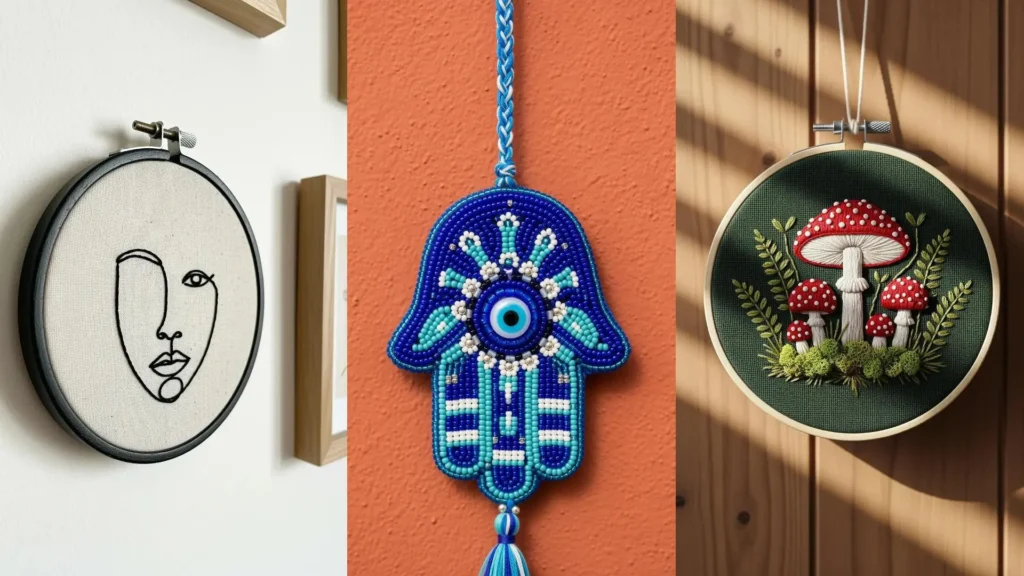 A collage of three tiny handmade wall hangings: an abstract face, a beaded hand, and embroidered mushrooms on various walls.