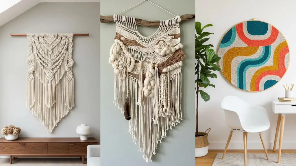 A gallery wall collage of three yarn wall art ideas, from neutral macrame to a colorful round tapestry for the home.