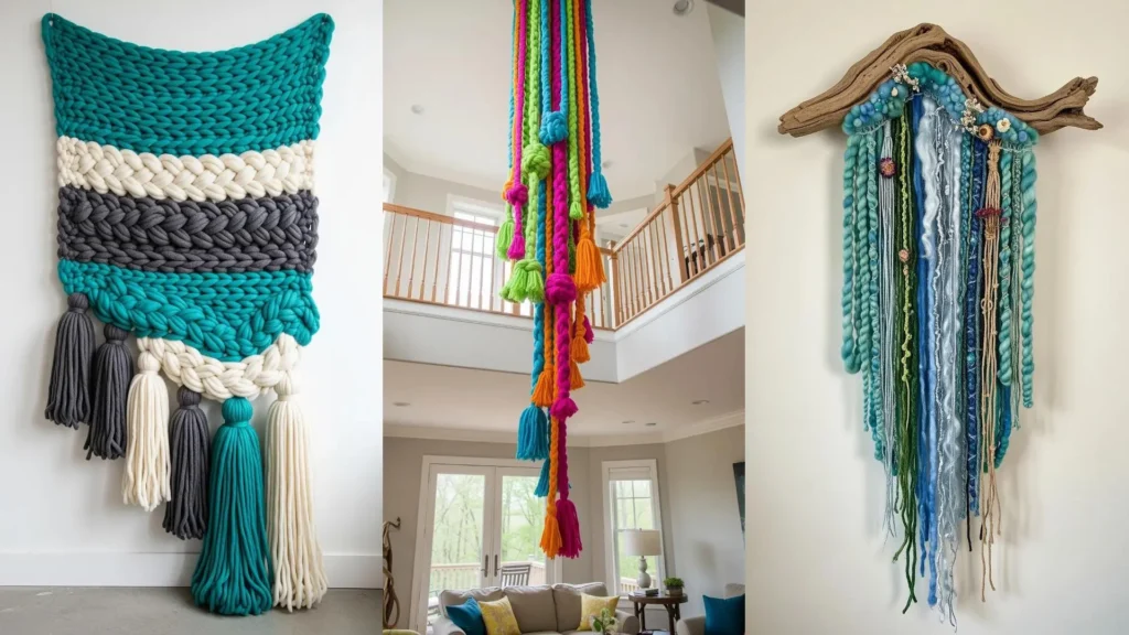 Colorful mixed-fiber art hangings with chunky tassels shown in a modern living space to brighten up the room.