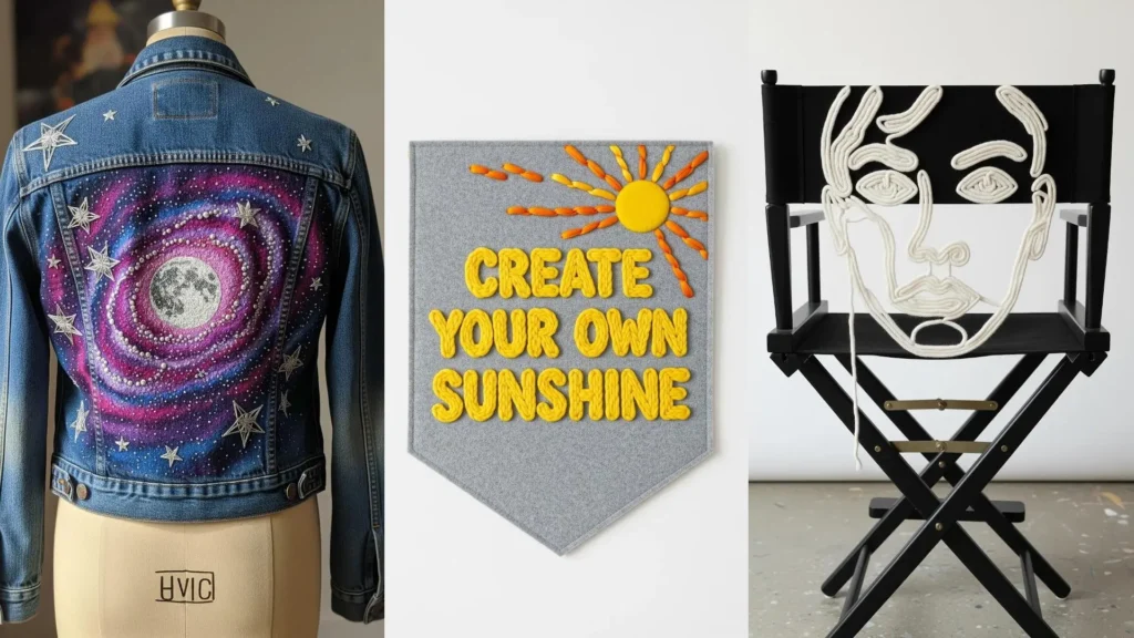 A collage of creative embroidery projects on fabric: a galaxy on a jean jacket, a sun on a banner, and a face on a chair.