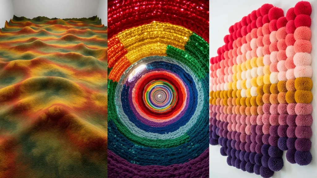 A collage of vibrant fiber art installations ready to be shared, featuring a textile landscape and a rainbow yarn tunnel.
