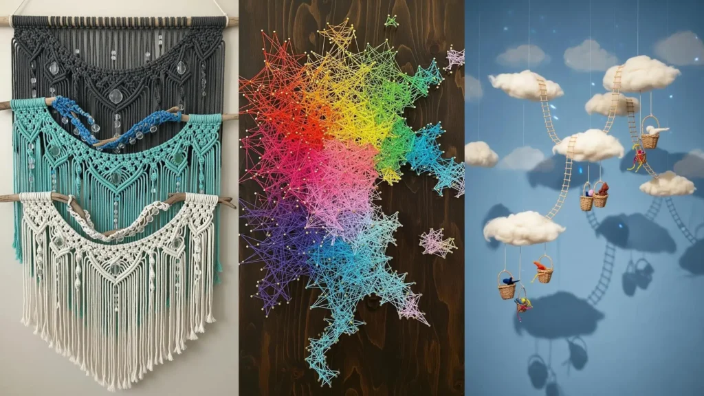 A collage of storytelling fiber art installations for walls, including macrame, string art, and a whimsical cloud scene.