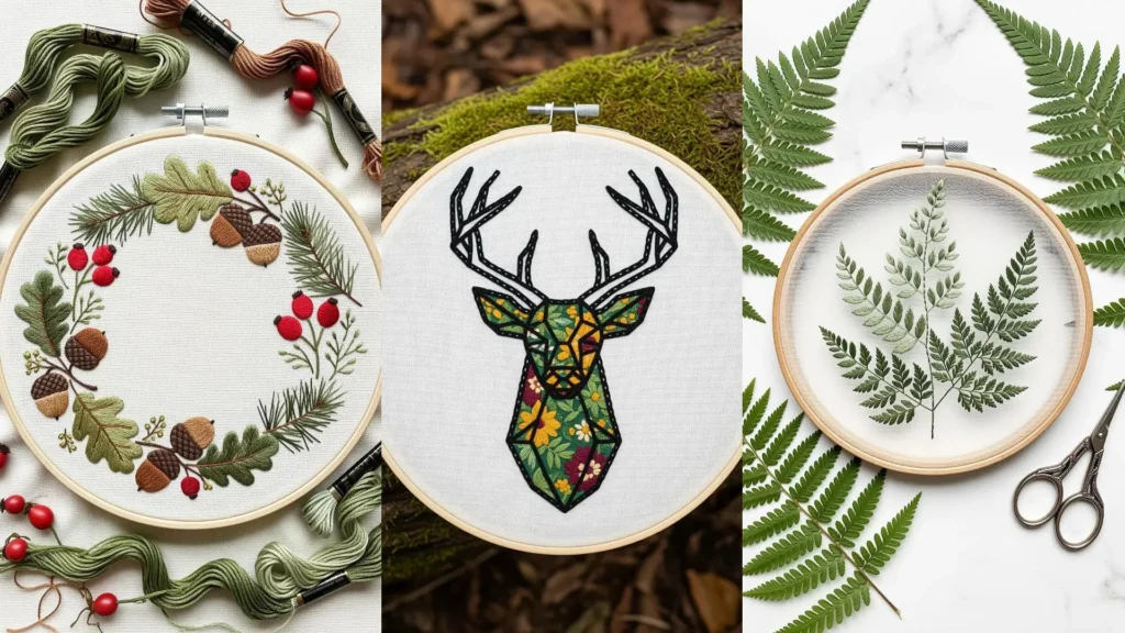 A collage of forest-inspired embroidery patterns in hoops, featuring a woodland deer, fern, and an acorn wreath.