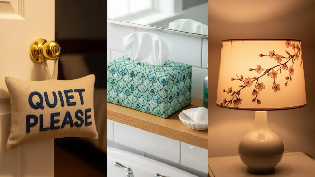 Collage of handmade embroidered home decor gifts: a door pillow, tissue box cover, and cherry blossom lampshade.