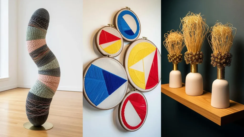 A collage of handmade sculptures with modern design: a textile column, geometric embroidery, and mixed-media craft pieces.