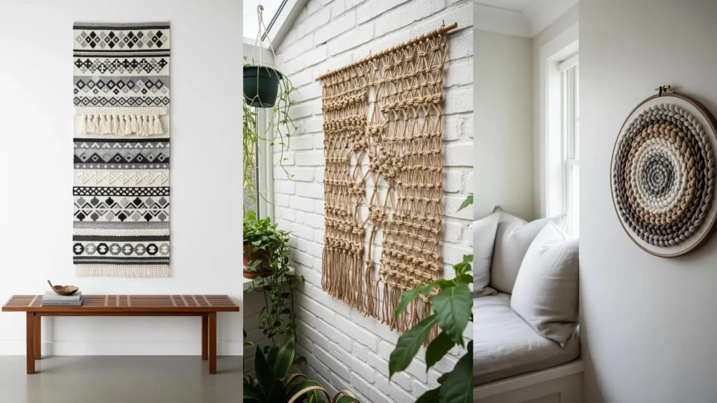A triptych of textured, neutral embroidery samplers displayed on walls like hand-woven art pieces.