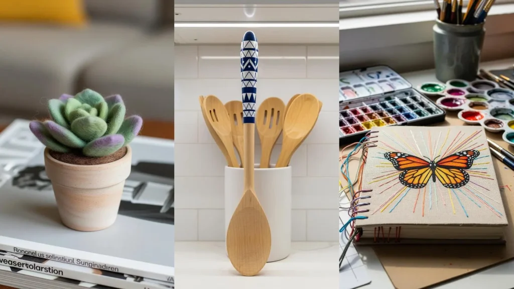 Tiny artistic home touches: a felted plant, a painted spoon, and a notebook with an embroidered butterfly.