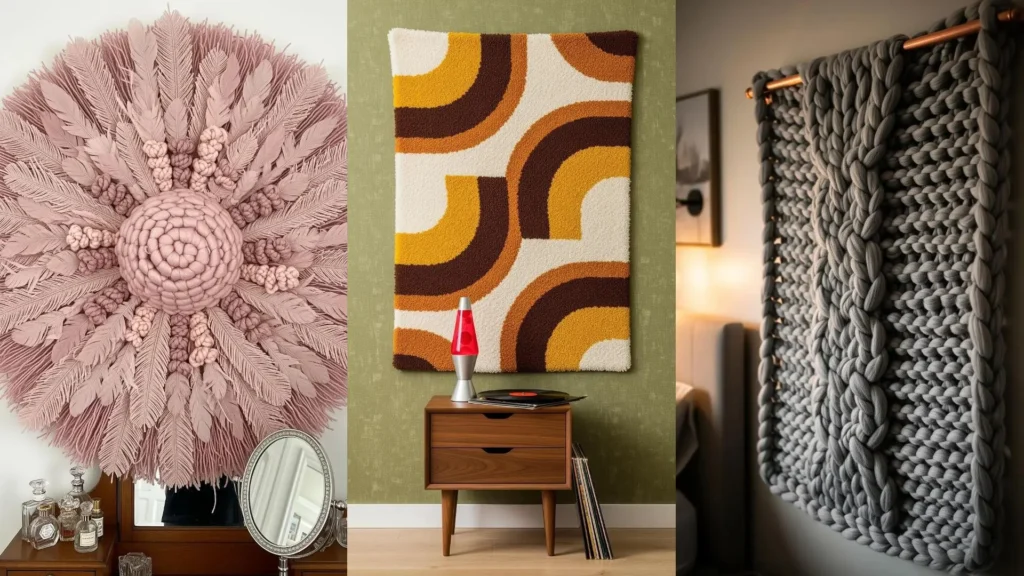 Three yarn wall art ideas for a cozy bedroom: a pink macrame circle, a retro tapestry, and a chunky knit hanging.