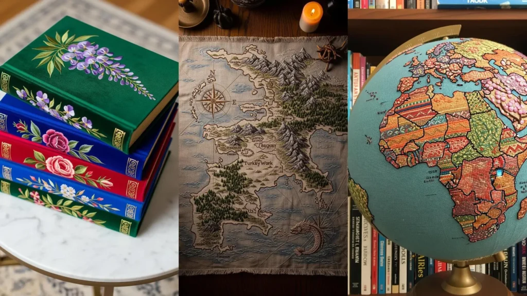Handcrafted DIY art objects to impress friends: embroidered floral books, a fantasy map, and a colorful world globe.