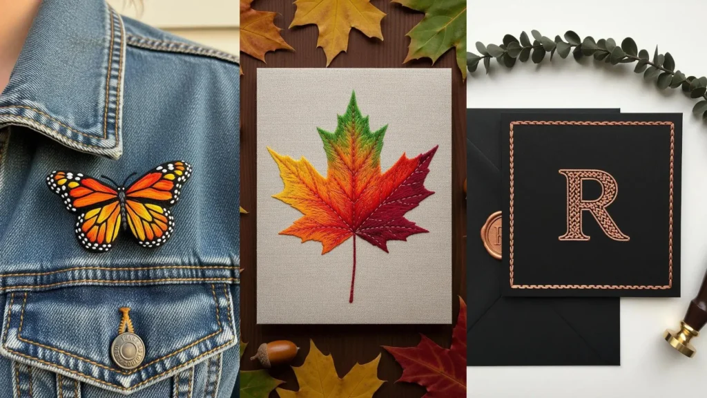 A collage of DIY embroidered cards and mini gifts, including a butterfly pin, a fall leaf, and a monogrammed card.