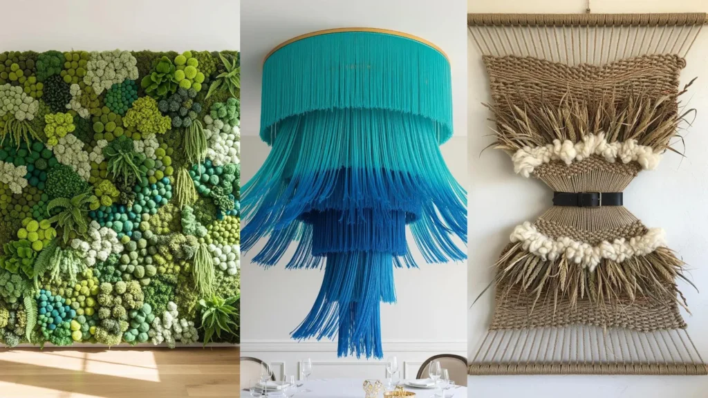 Collage of three giant fiber art installations: a green plant wall, a blue tassel chandelier, and a woven wall hanging.