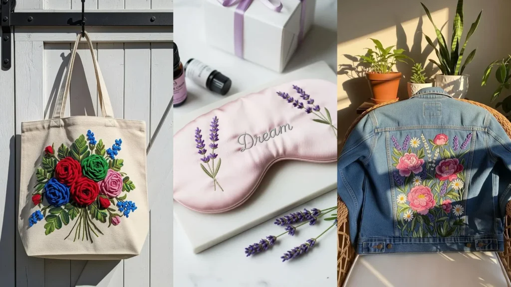 A collage of handmade embroidery gifts, showing a floral tote bag, a lavender eye mask, and a custom denim jacket.