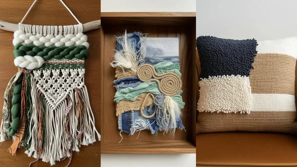 Three handmade mixed-fiber art pieces perfect for gifting: a woven wall hanging, framed art, and a decorative textured pillow.