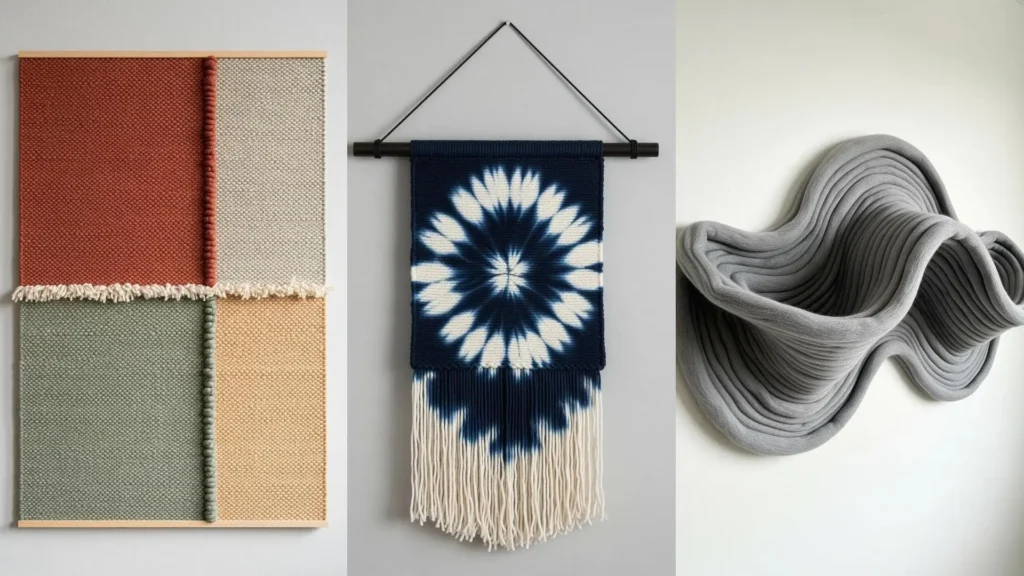 A collage of three minimalist yarn wall art projects that look expensive: a woven piece, a tie-dye hanging, and a sculpture.