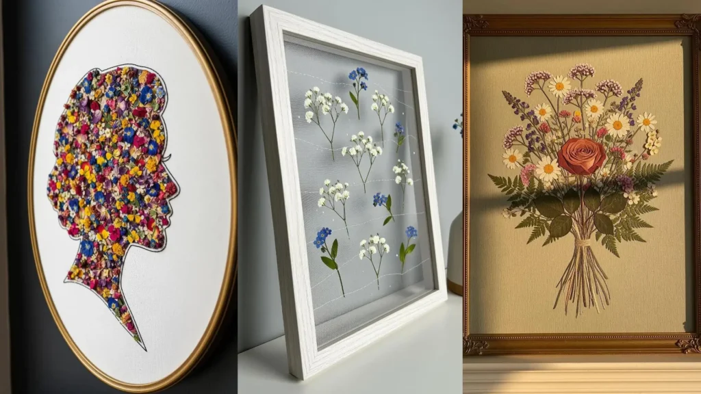 A collage of pressed flower embroidery art, featuring a floral silhouette and framed flower bouquets.