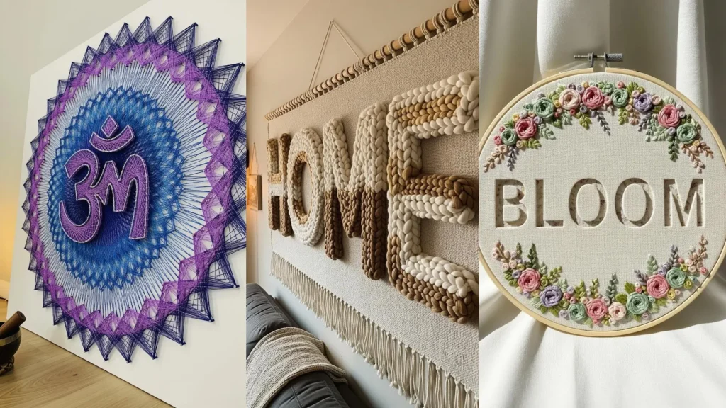 String art typography designs in an embroidered style, featuring inspirational words like 'HOME' and 'BLOOM'.