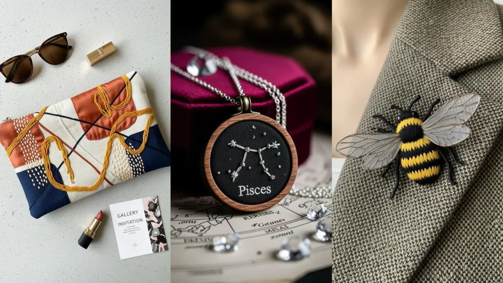 Inspiring DIY embroidery gift ideas for artists, including a modern clutch, a Pisces necklace, and a bee brooch.