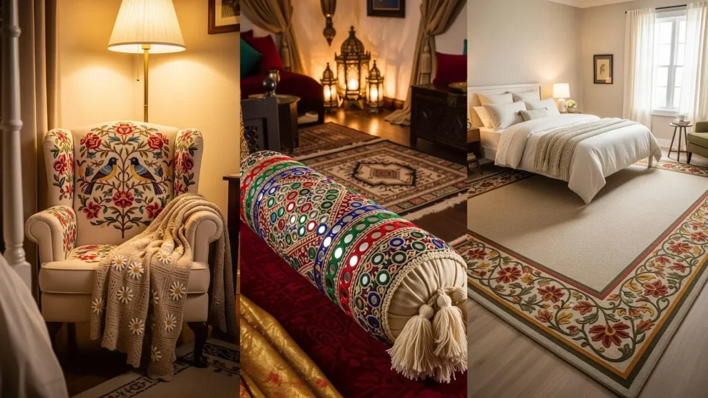 Romantic bedroom scenes with dreamy embroidery designs on a cozy armchair, decorative pillow, and floral rug.