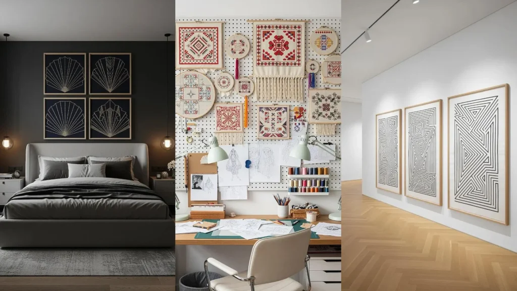 Chic lofts and modern apartments displaying geometric stitch wall patterns as framed art and on embroidery hoops.